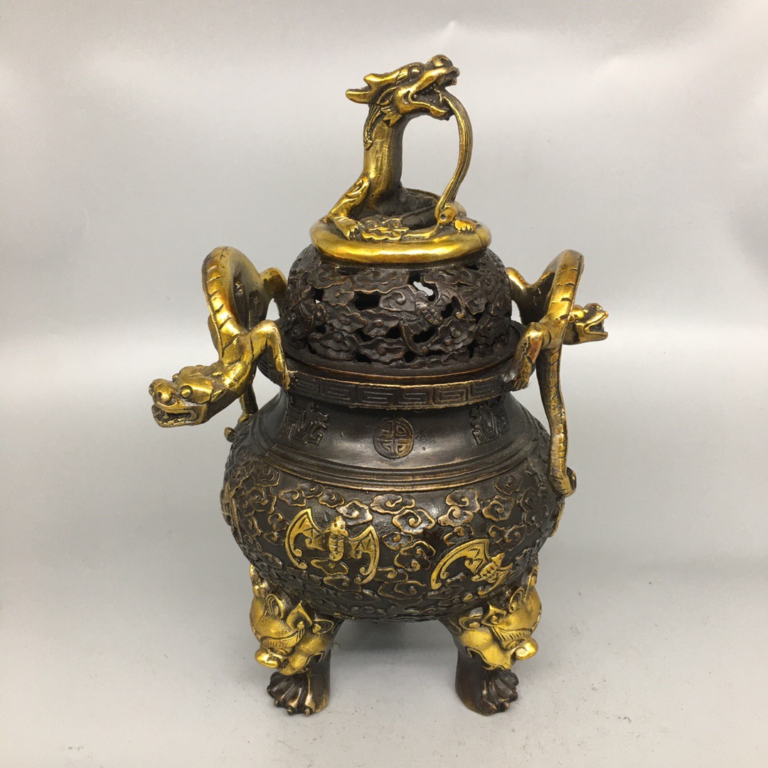 仿古纯铜包浆鎏金蝙蝠熏香炉摆件双龙耳香炉居家收藏装饰品摆设