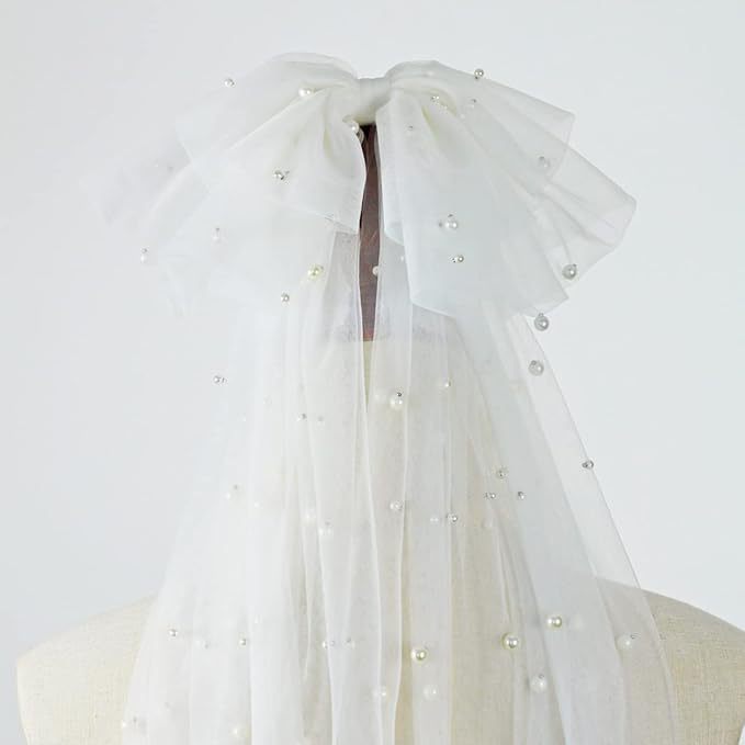 新款珍珠蝴蝶结新娘头纱婚纱简约影楼造型婚礼头饰结婚领证登记纱