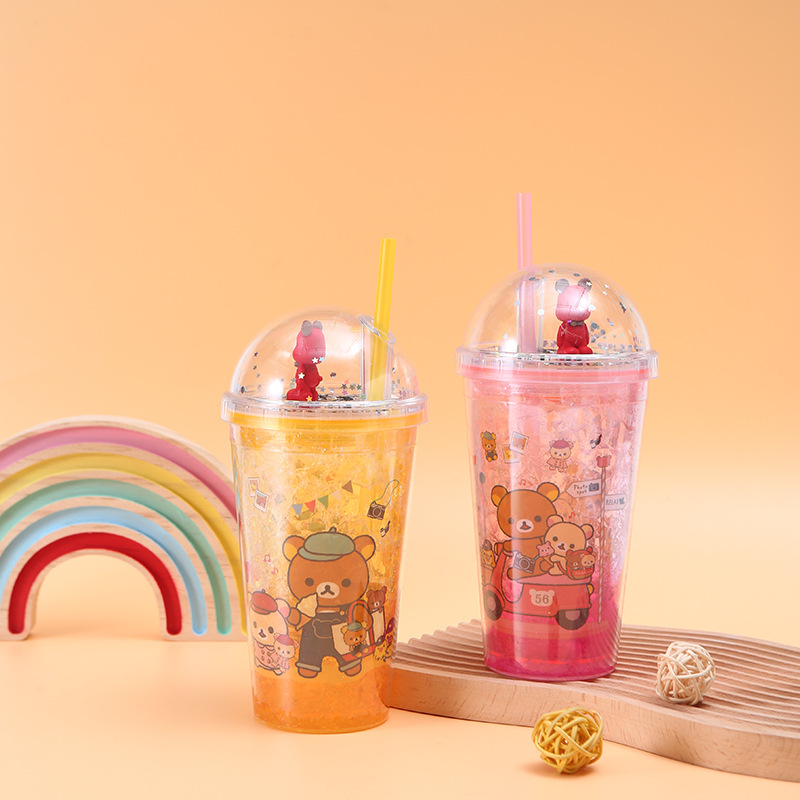 New Creative Crushed Ice Cup Ice Cup Bear Double-Layer Cup with Straw Men and Women Student Portable Summer Cute Ice Cup Plastic Cup