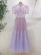 越南法式宫廷风刺绣蕾丝紫色连衣裙女新款设计感重工钉珠裙子