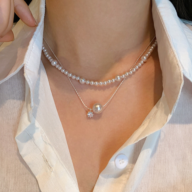 ornament necklace double layer twin exquisite clavicle chain french manta rose color s home pearl diamond-studded necklace women‘s