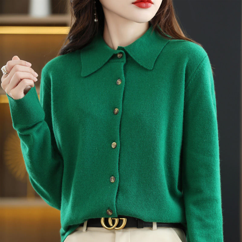 Autumn and Winter Polo Collar Pure Wool Sweater Women's Coat Younger Peter Pan Collar Cashmere Coat Women's Loose Lapels Knitted Cardigan