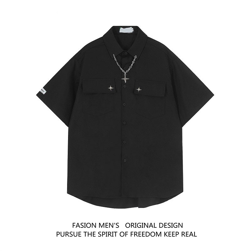 美式黑色十字星短袖衬衫女款潮牌夏季小众高级感宽松雅痞上衣挂链