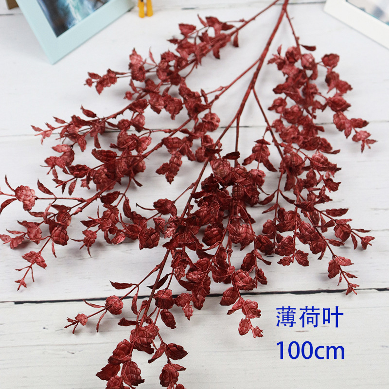 酒红色系仿真花尤加利苹果叶装饰花材插花垂钓塑料假花红色主题