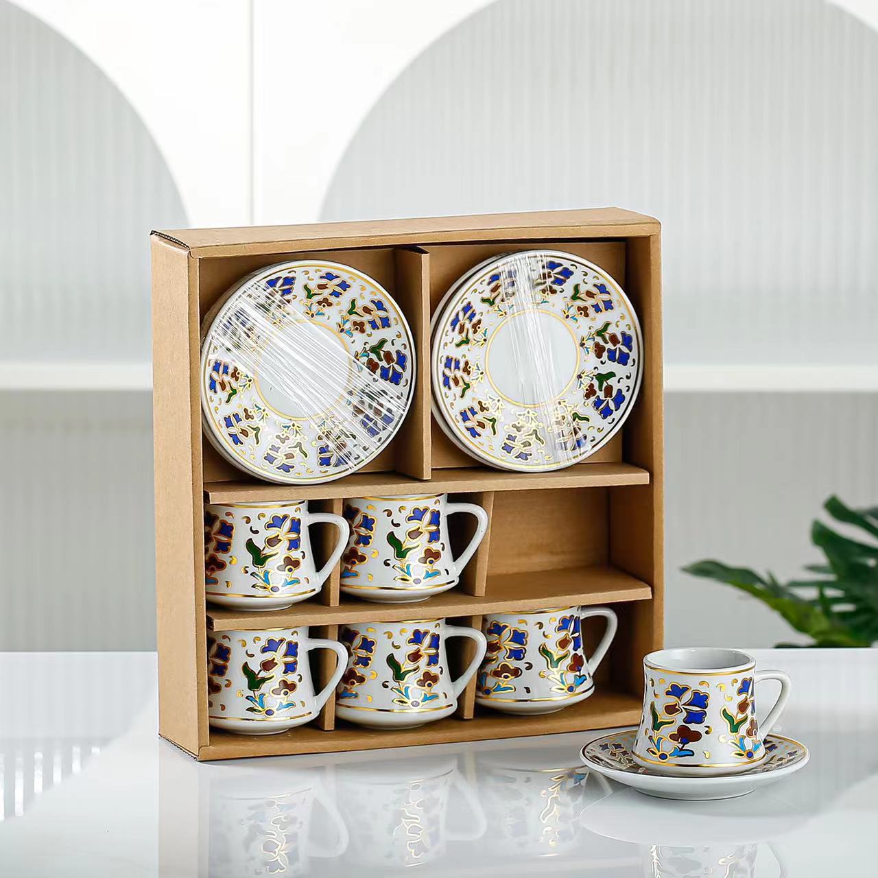 New European-Style Ceramic Coffee Cup Set Cross-Border Middle East Bronzing Coffee Cup 6 Cups 6 Plates Gift Afternoon Tea Cup