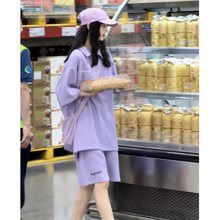 网红ootd运动服套装女夏季宽松紫色减龄短袖短裤时尚两件套小个子