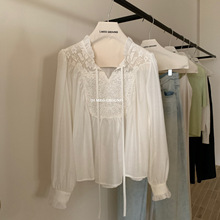 I MISS法式2024春夏季新款设计感精致白色蕾丝衫女泡泡袖宽松衬衣