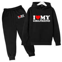 I LOVE MY GIRLFRIEND爱心儿童男女加绒连帽衫卫衣套装童装两件套