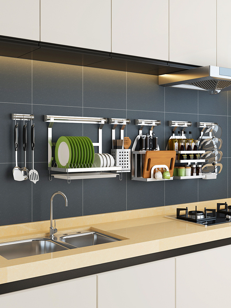 不锈钢厨房置物架壁挂锅盖架筷子碗碟收纳架调味调料架墙上免打孔