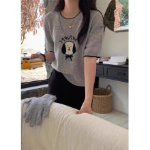 时尚减龄卡通小图案短袖恤上衣女2025韩系灰色羊绒衫宽松针织衫