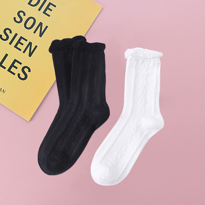 东大门日韩系袜子女小花jk中筒麻花lolita风黑色白色学院风少女袜