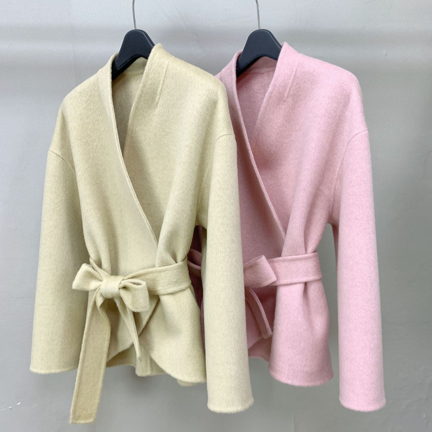 V领花苞型D家同款温柔淑女风粉色黄色短款系带双面羊毛呢外套大衣