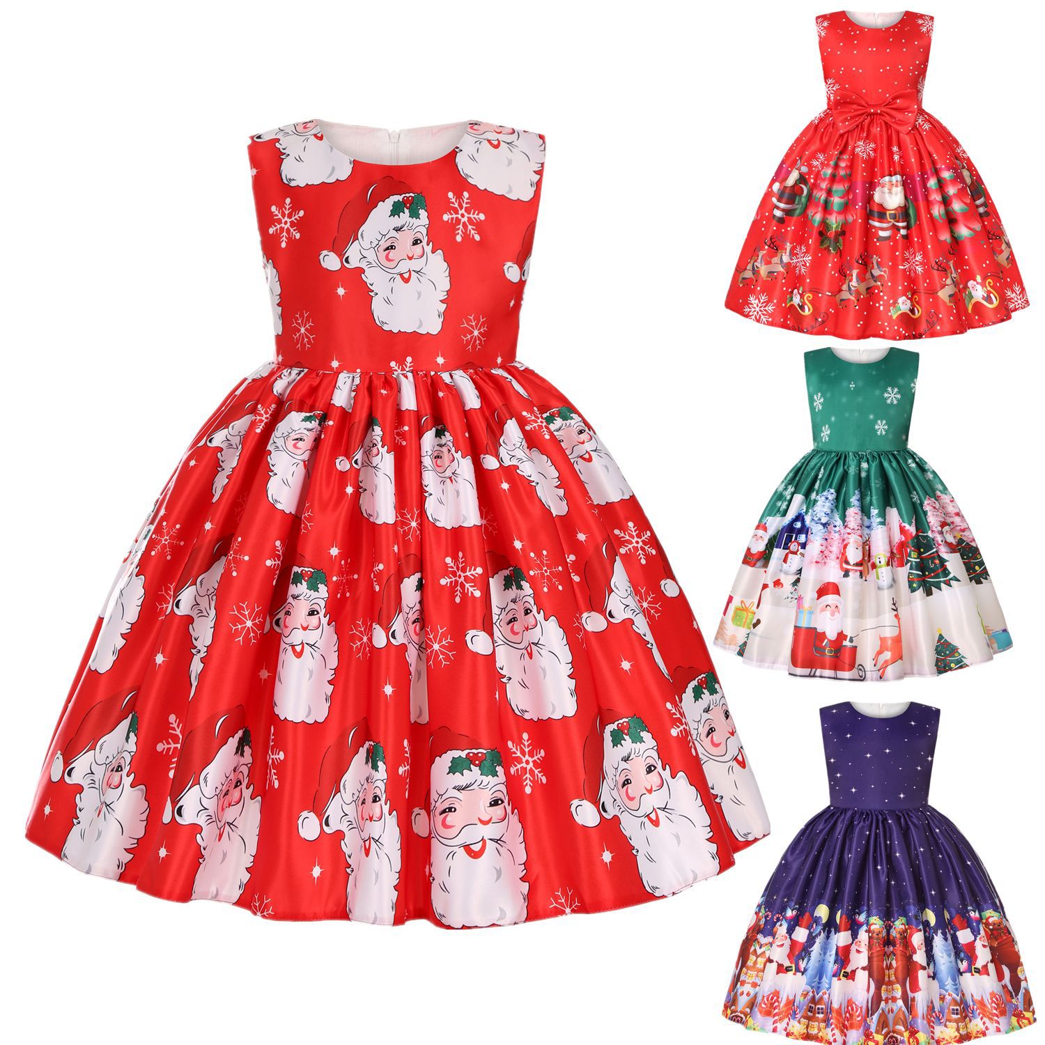 2024新款女童礼服圣诞老人雪花童裙卡通印花公主裙圣诞节演出服装