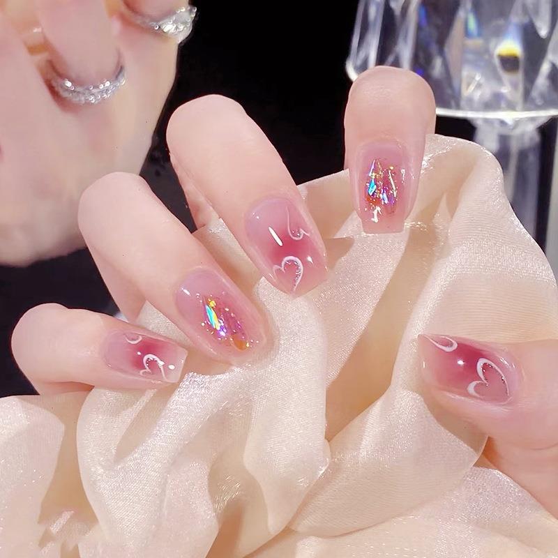 极光钻穿戴美甲批发腮红甲指甲贴温柔质感闪钻假指甲成品短款甲片