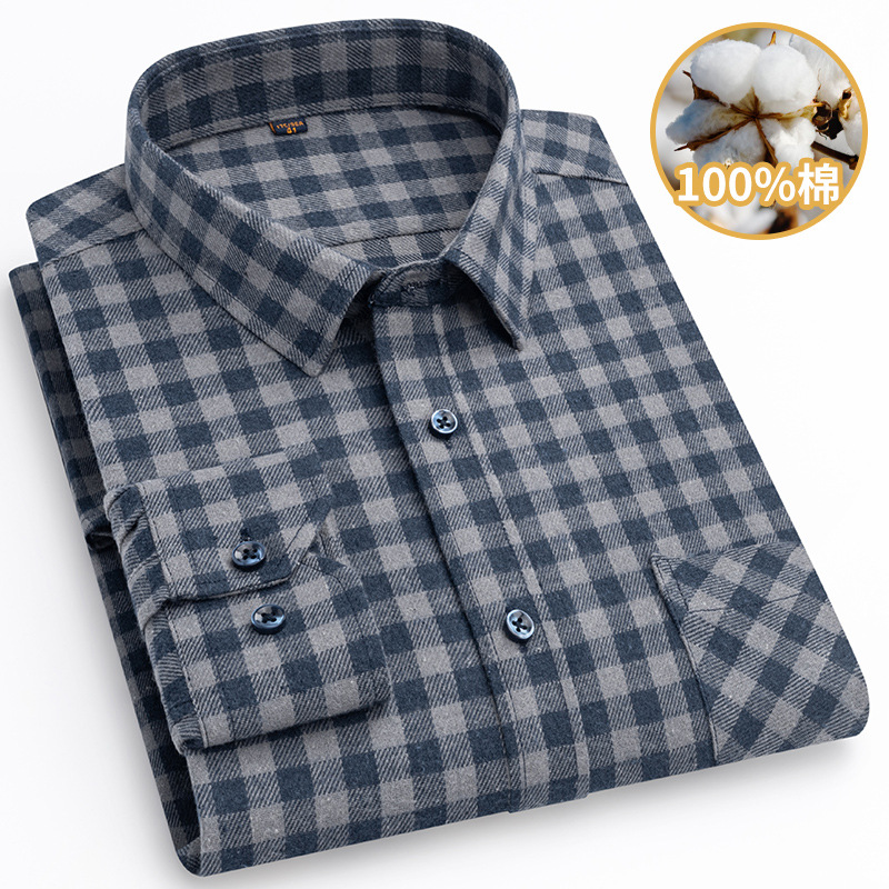 New Pure Cotton Men's Brushed Long Sleeve Shirt Coat Middle-Aged Leisure Spring and Autumn Cotton Plaid Shirt Dad Wear