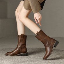 复古尖头牛皮粗跟短靴女秋季新款中跟骑士靴西部靴速卖通一件代发