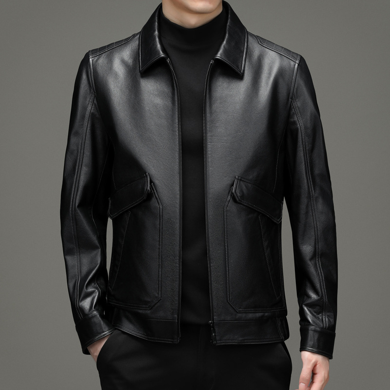 海宁真皮皮衣2024年秋冬新款中年男士翻牛皮夹克中老年父亲皮外套
