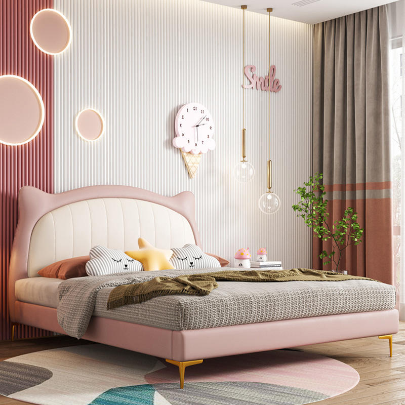 可定制真皮床儿童床女孩卧室轻奢现代简约单人床公主房创意卡通床