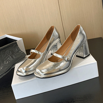 代发新款粗跟玛丽珍鞋女方头厚底浅口女单鞋小个子34银色高跟鞋子