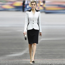 西班牙王妃同款23秋季女装黑白拼接V领长袖西装外套+包臀半裙套装