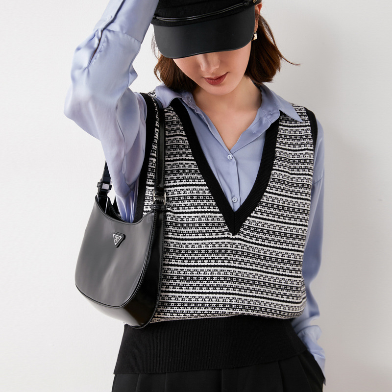 秋冬季新款毛衫提花无袖马甲女v领套头坎肩短款无袖毛衣背心外套