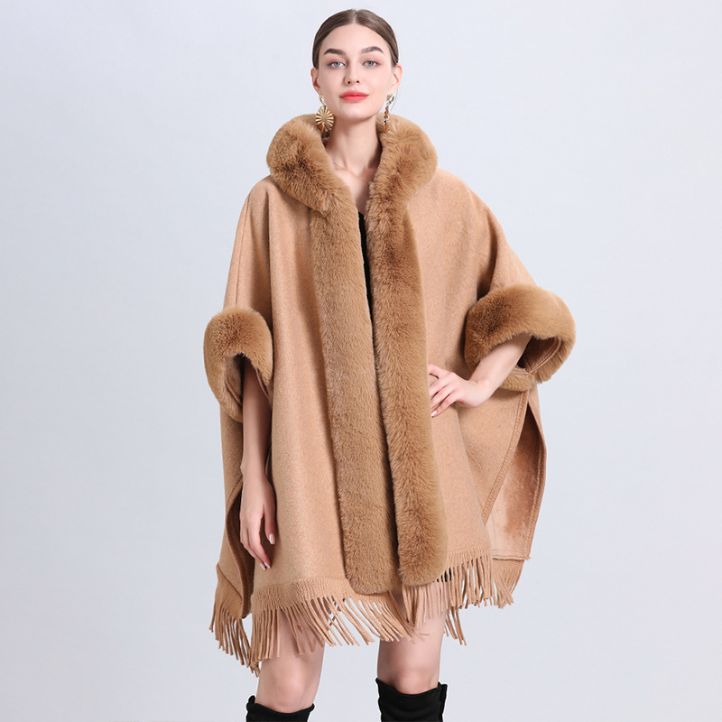 869# Live Hot Loose Velvet Thickened Fur Collar Hood Tassel Knitted Shawl Cape Oversized Woolen Coat