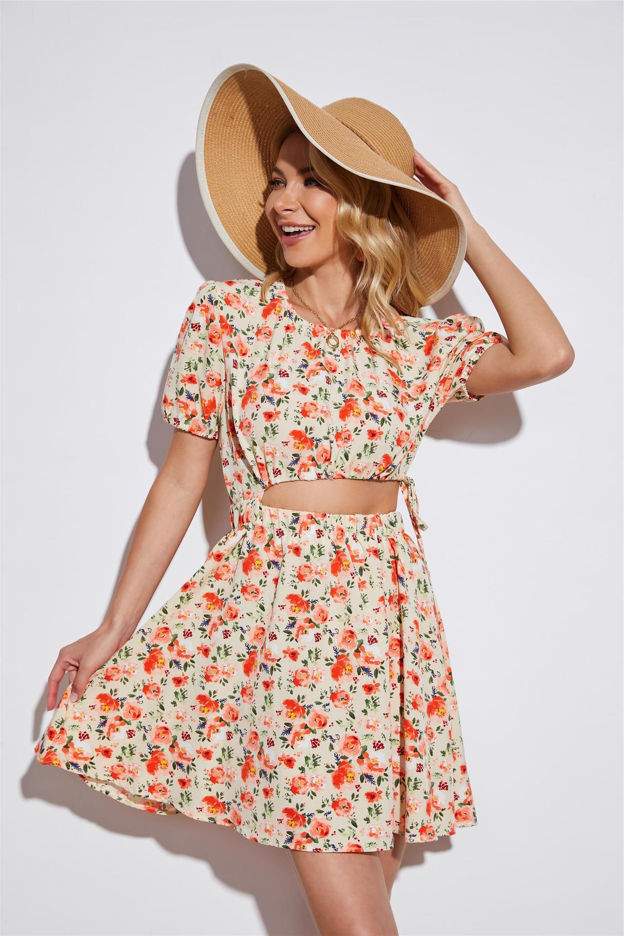 2022夏款ebay速卖通亚马逊独立站跨境外贸欧美假两件碎花连衣裙