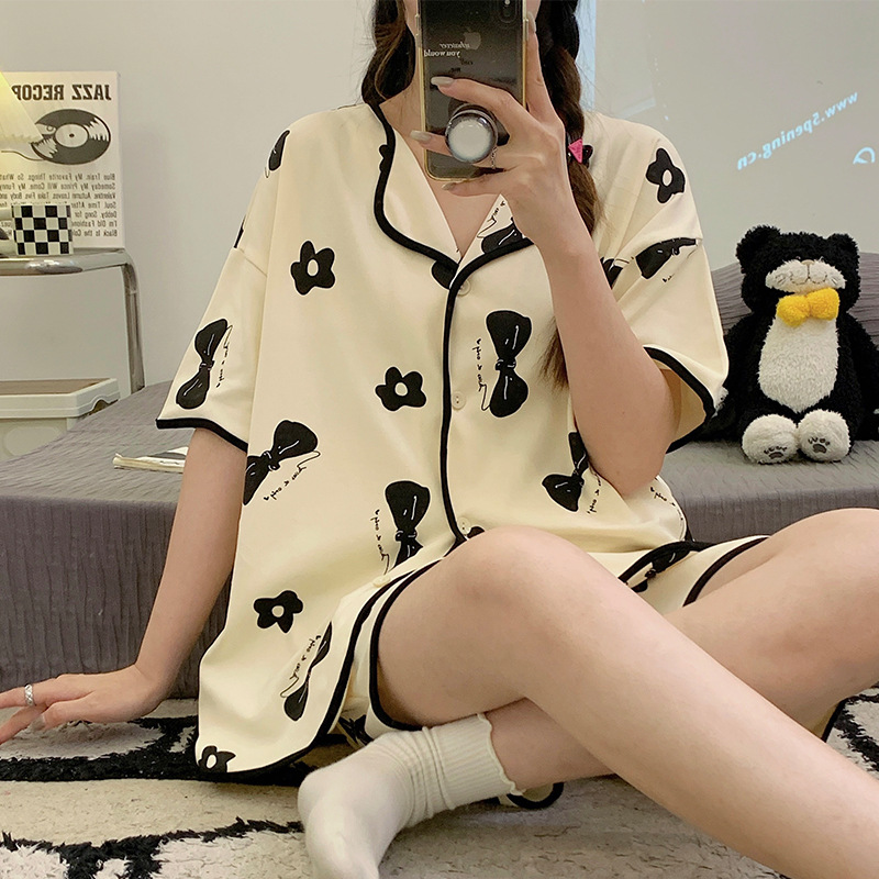 Pajamas Women's Summer Short Sleeve Shorts Cardigan Sweet Cute Casual and Comfortable Cotton Korean Style Ladies Home Leisure Suit