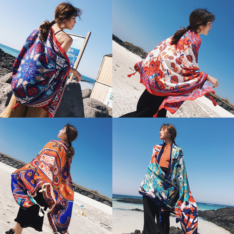 Xiaohongshu New Ethnic Style Scarf Summer Beach Travel Sunshade Silk Scarf Sunscreen Cotton and Linen Printed Shawl Wholesale