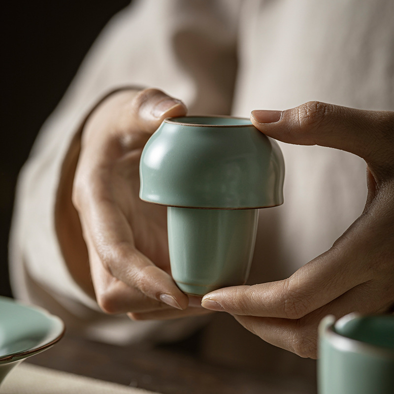 天青汝窑闻香杯套组陶瓷开片单杯功夫茶具品茗杯茶艺培训考试茶杯