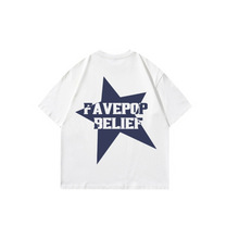 FAVEPOP美式街头趣味大星星字母印花宽松圆领情侣短袖T恤黑色白色