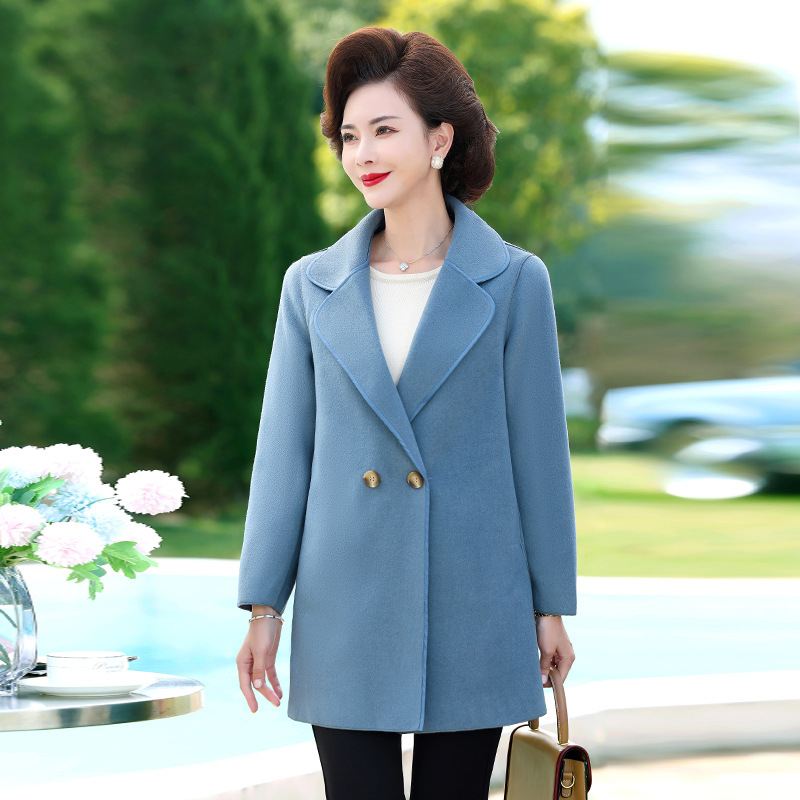 妈妈春装外套2023新款中老年女春秋时尚中长款双面毛呢呢子大衣
