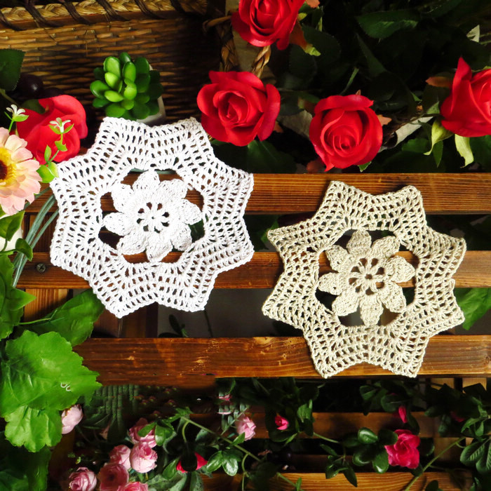 纯手工钩针勾花蕾丝纯棉线编织装饰花瓶垫杯盘隔热餐桌垫子米白色