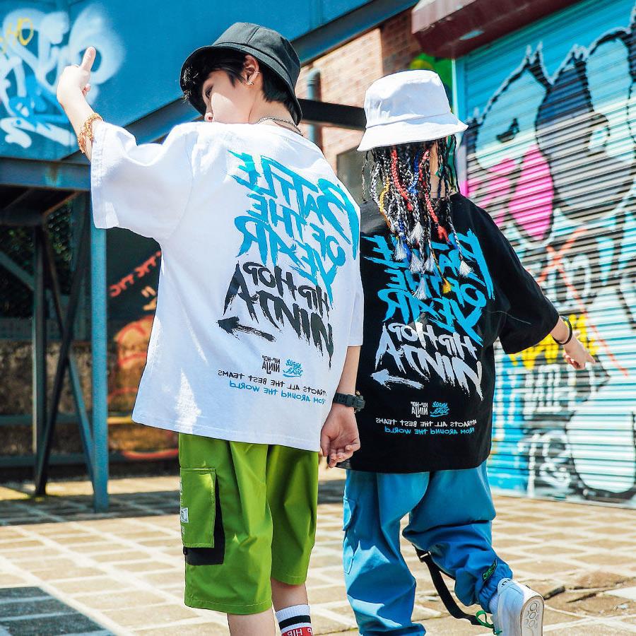 炫酷夏季短袖t恤男童上衣女童嘻哈圆领新款儿童2022新款可演出服装