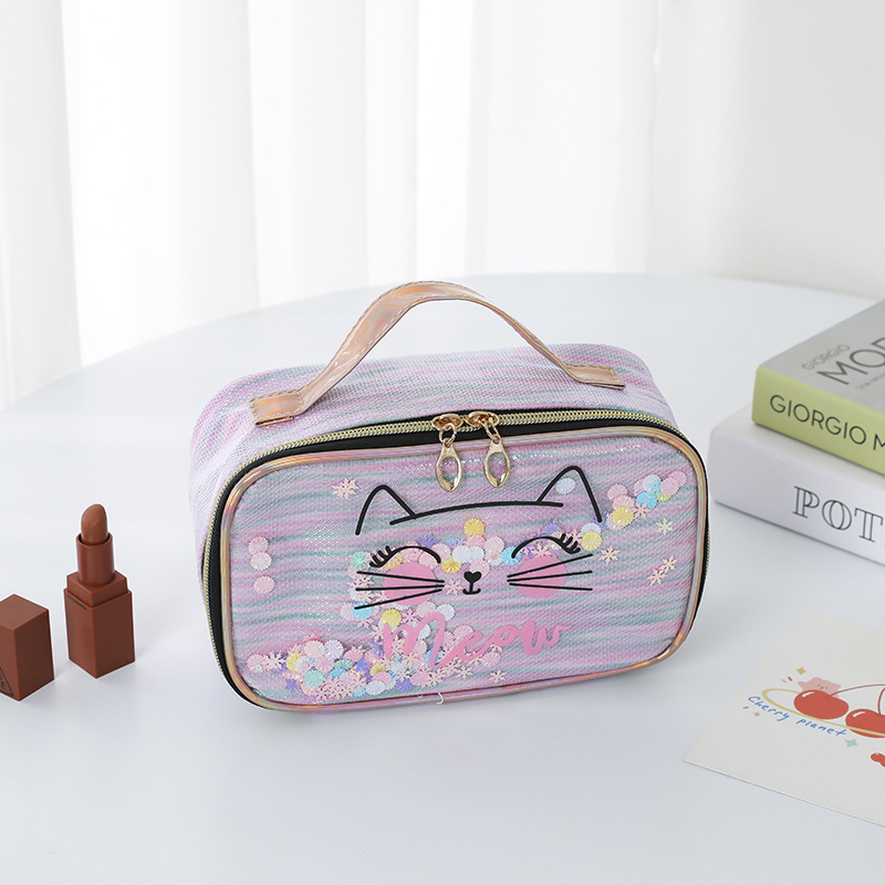 Cat Sequins Simple Cosmetic Bag Large Capacity High-Profile Figure Wash Bag Travel Portable Waterproof Storage Bag