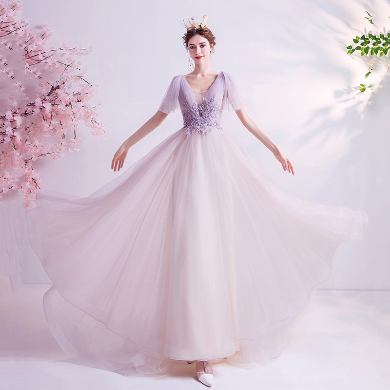 晚宴年会走秀婚纱礼服2021新款性感仙女淡紫色新娘结婚敬酒服批发