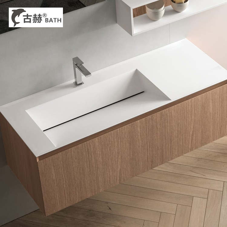 斜边隐形下水一体人造石洗漱台浴室柜洗手盆洗脸盆池台下盆