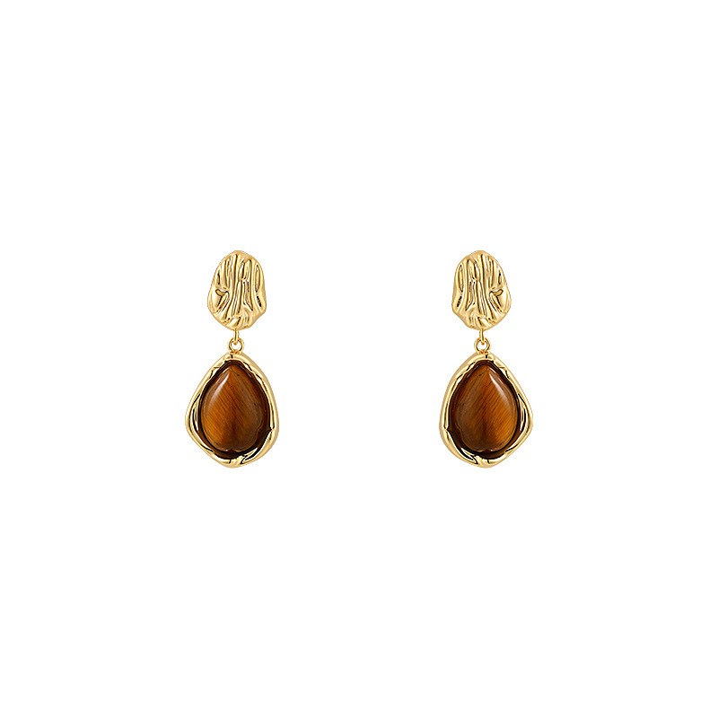 Silver Needle Vintage Coffee Color Resin Tiger Eye Stone Water Drop Earrings Personalized Commuter All-Match Earrings French High-Grade Earrings
