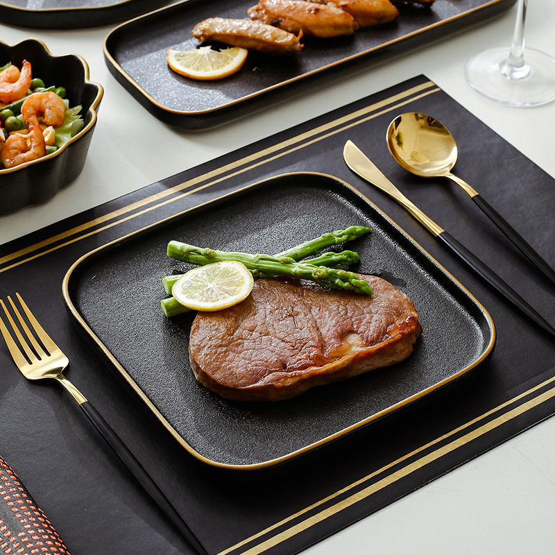 西餐餐具牛排刀叉套装黑色磨砂陶瓷情侣双人套装牛排盘组合创意