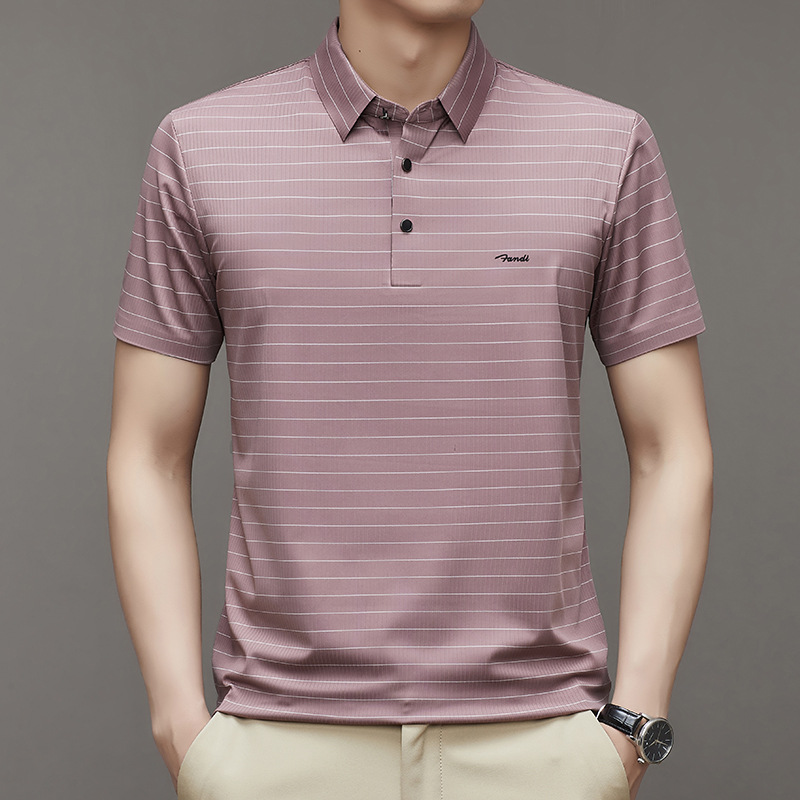 夏季翻领无痕冰丝短袖t恤男条纹休闲polo衫男装薄款商务凉爽半袖