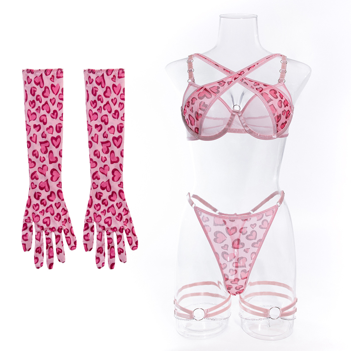 Pink Leopard Print Metal Chain Sexy Lingerie Set with Gloves Leg Ring Valentine's Day Gift Cross-Border Hot Sale Supply