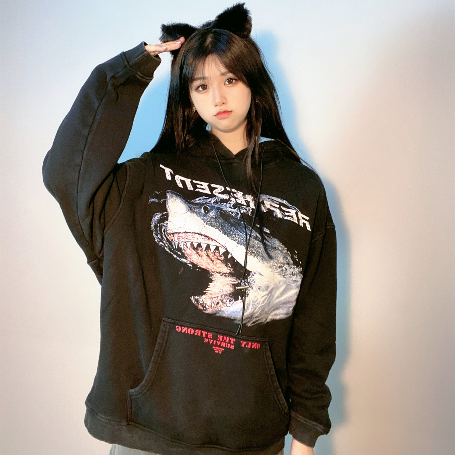 高街represent 鲨鱼做旧水洗fog帽衫大白鲨高街宽松连帽秋冬卫衣