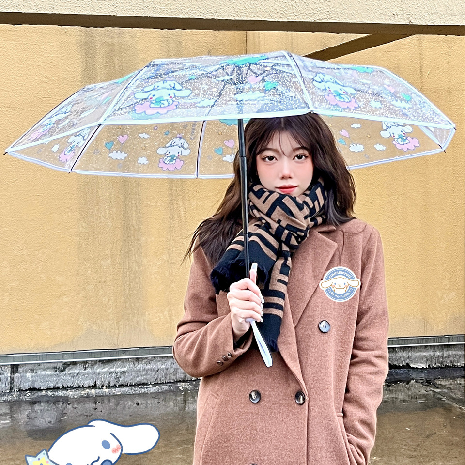 Tiktok Hot Sale Japanese Style Cinnamoroll Babycinnamoroll Transparent Umbrella Folding Automatic Thick and Portable Girl Heart Men's Mesh Red