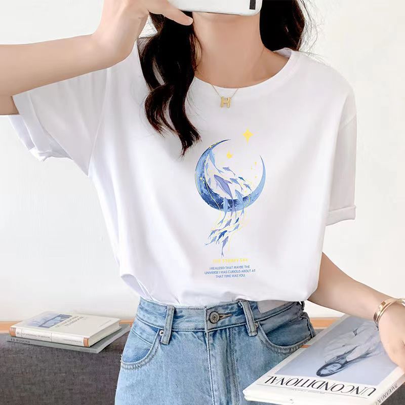 Loose-Fitting Pure Cotton Short Sleeves T-shirt Women's Summer Wear New Beautiful Top Design Printed Sweater Women's round Neck Spring and Autumn