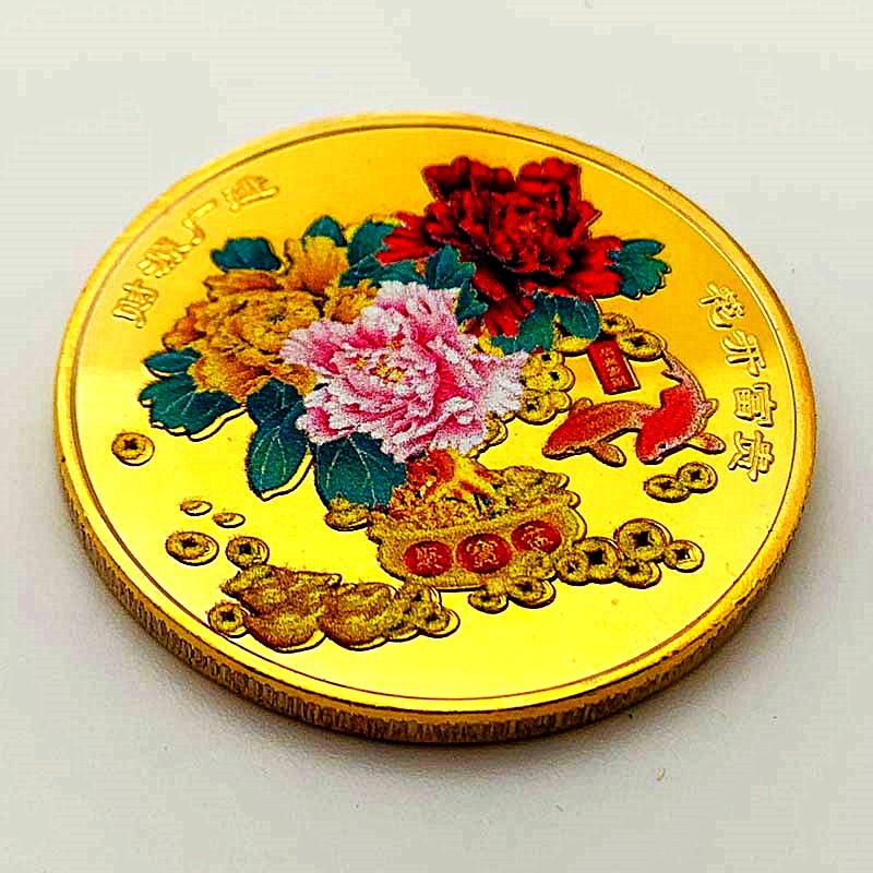中国花开富贵镀金彩绘纪念章 百福金币硬币金币硬币摆件工艺币