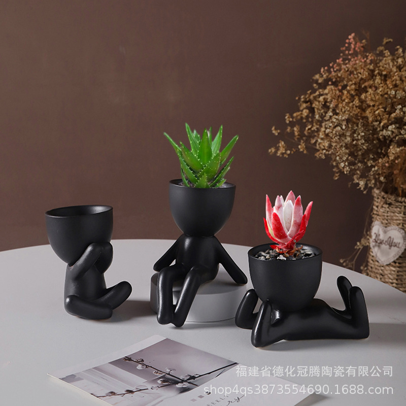 Ins Nordic Modern Ceramic Little Figure Succulent Flower Pot Creative Green Plants Pot Home Desktop Crafts Ornaments