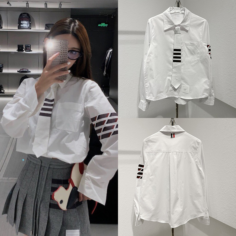 高端欧货 学院风tb条纹白色衬衫女ins洋气领带衬衣减龄设计感上衣