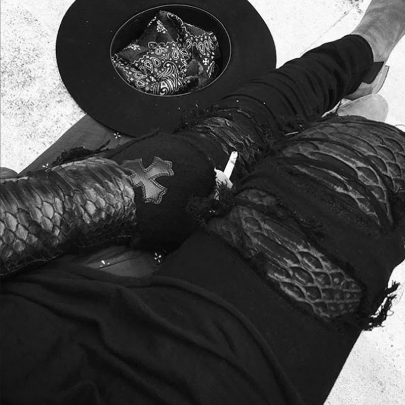 am蛇皮牛仔裤大蟒蛇鳞片高街神品修身小脚重工拼接真皮牛仔长裤