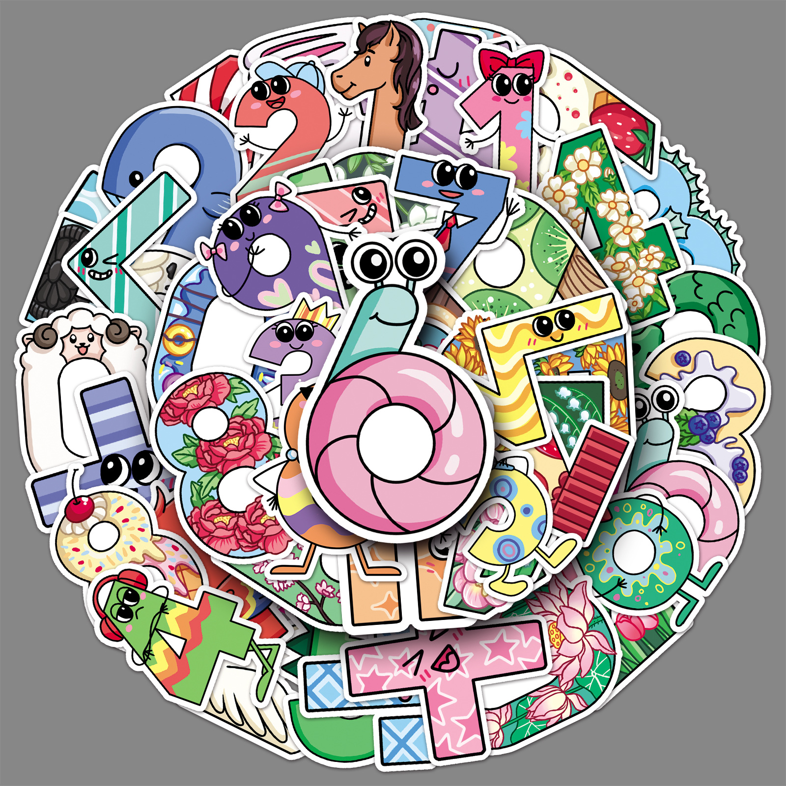 50张原创数字涂鸦贴纸跨境卡通儿童认知咕卡贴纸diy行李箱贴纸