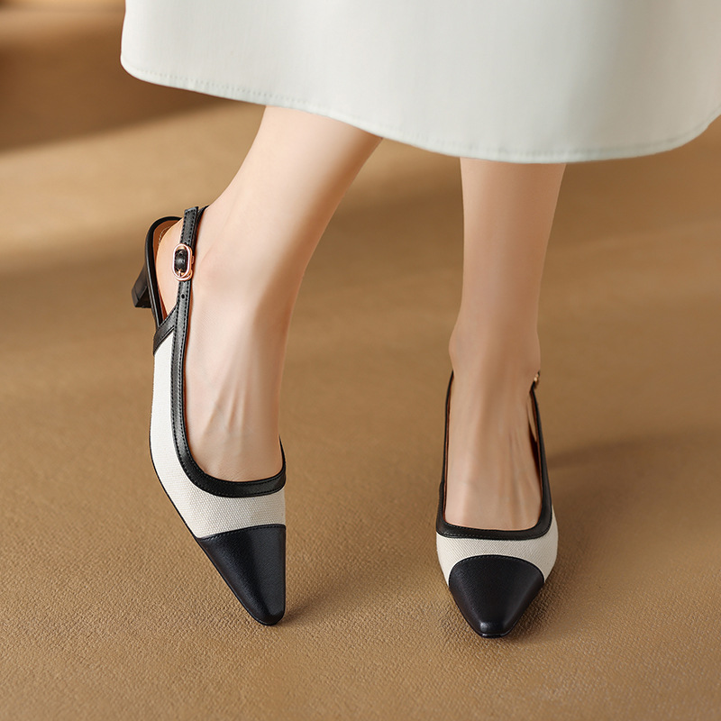 通勤中跟鞋2024春夏季新款鞋子尖头锥形跟拼色搭扣包头后空凉鞋女